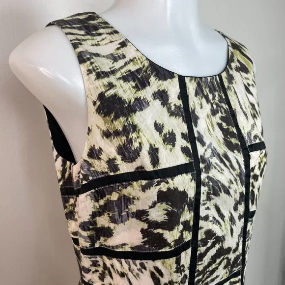 Ann Taylor Sheath Dress 2 Animal Print Sleeveless Black Ivory Green Women's - Picture 2 of 13